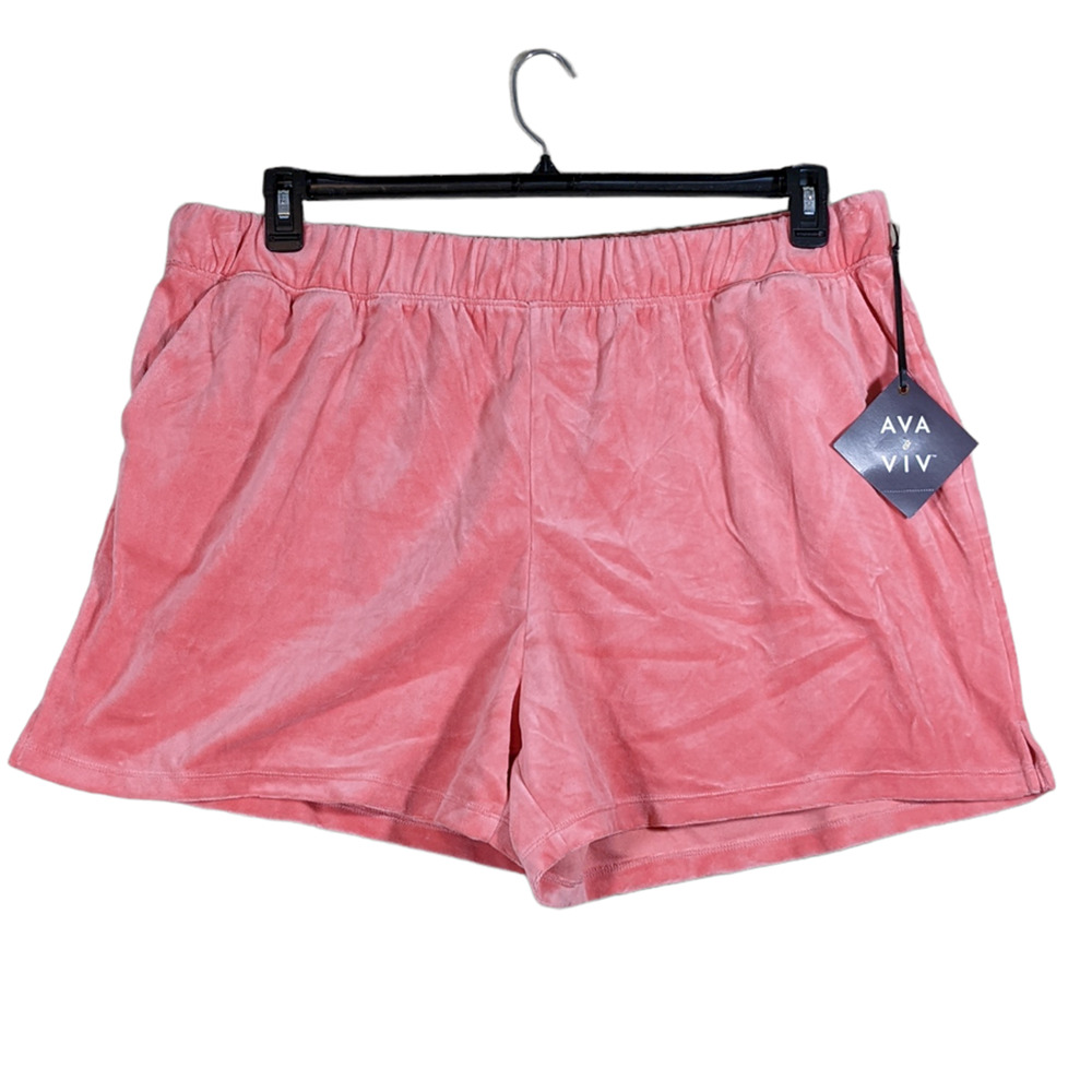 Ava & Viv Shorts Velvet 1X High Rise Pull On‎ Lounge Stretch Waist Pockets Coral